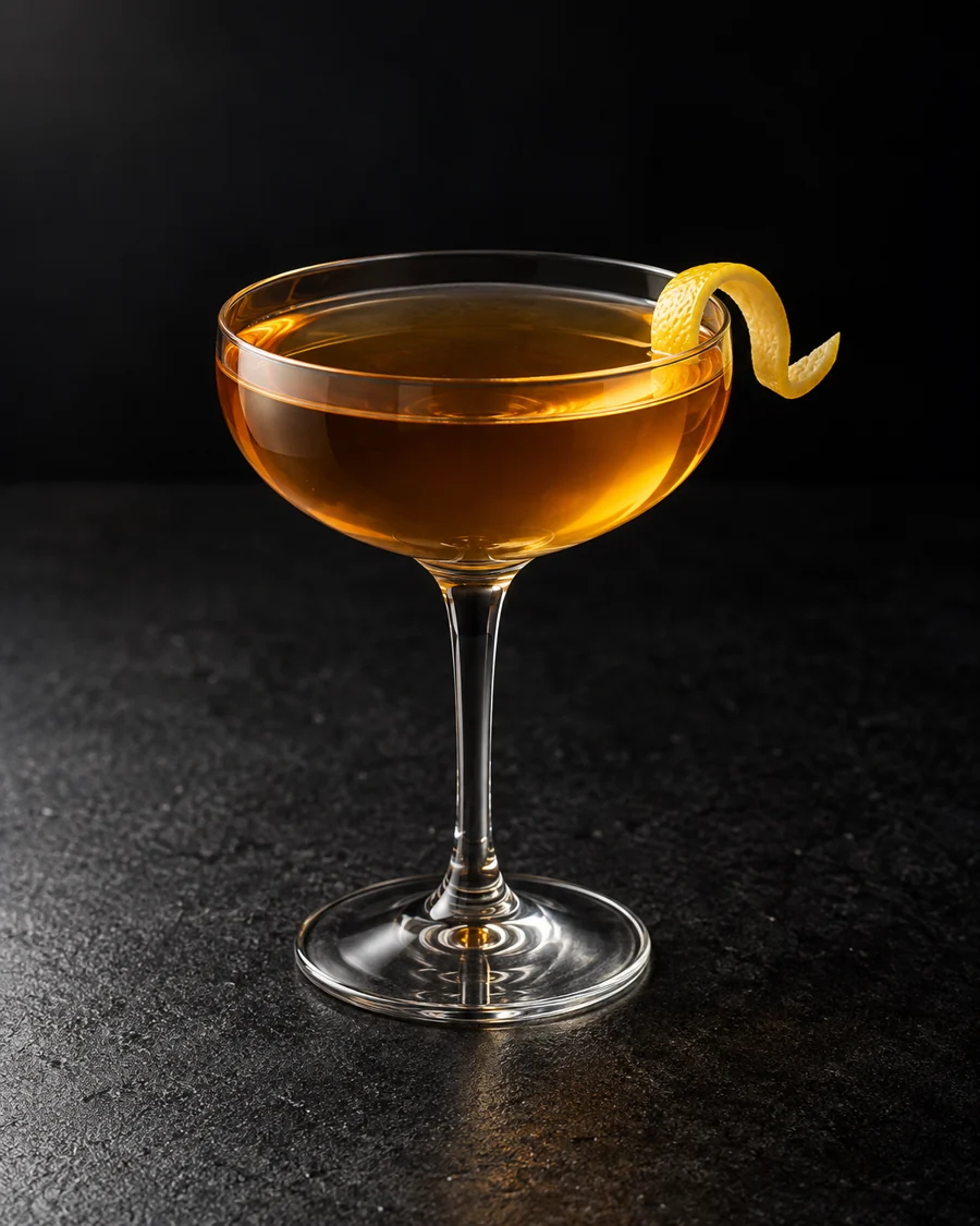 Clear amber Knight Night in a coupe with lemon twist, no ice.
