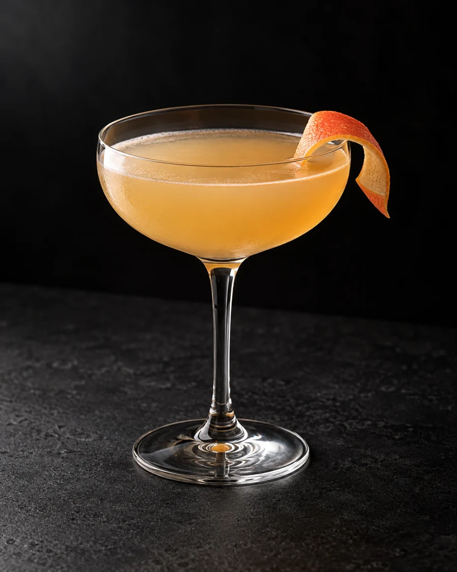 Cloudy pale amber Kojo Cocktail in a coupe with grapefruit twist, no ice.