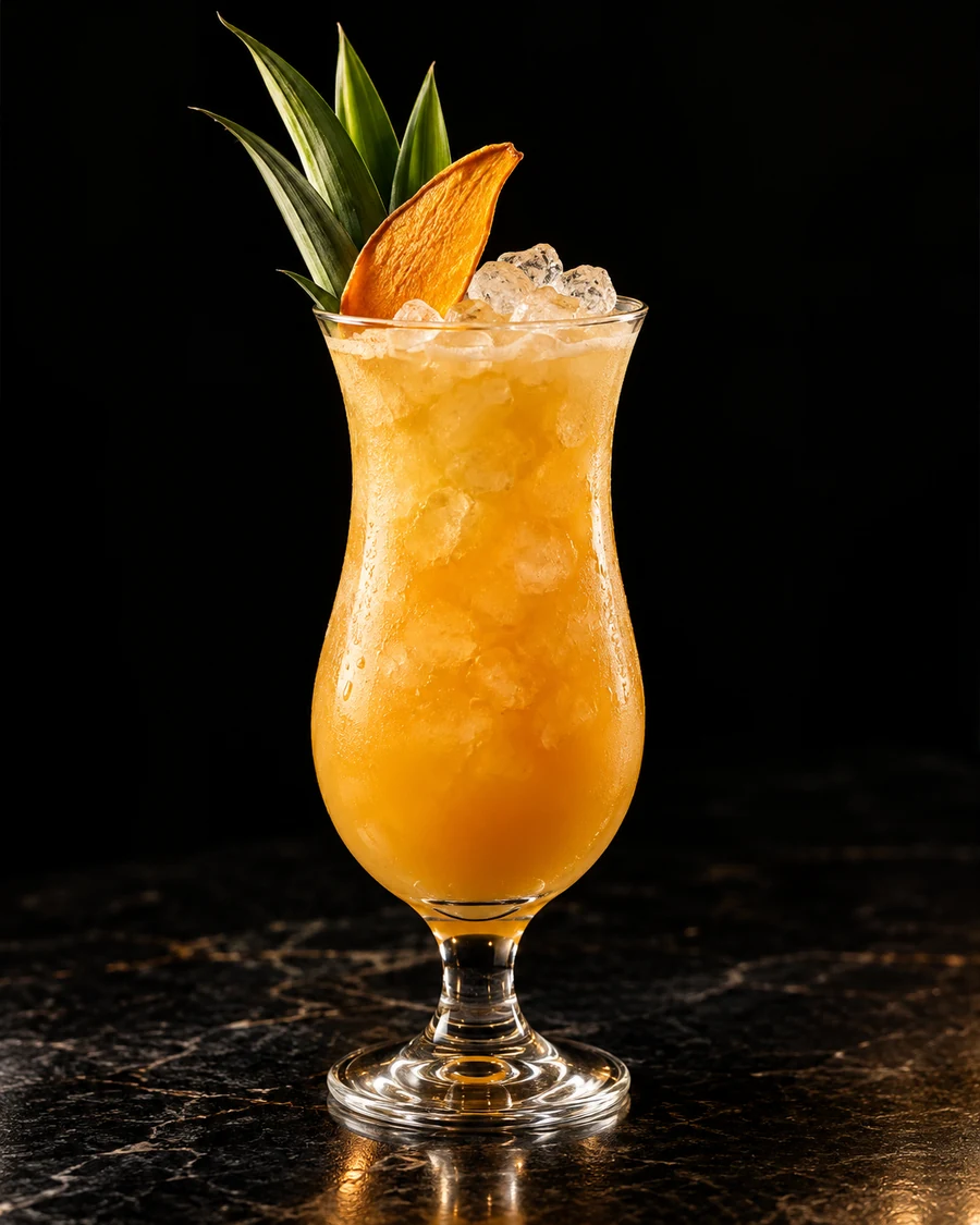 Konkan Cure. Hurricane glass, uniformly golden mango-coconut-rum drink, crushed ice, pineapple frond and dehydrated mango slice.