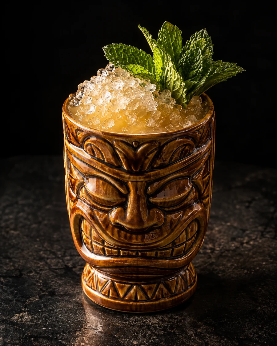 Kumulipo: Golden ceramic tropical mug filled with crushed ice and garnished with fresh mint.