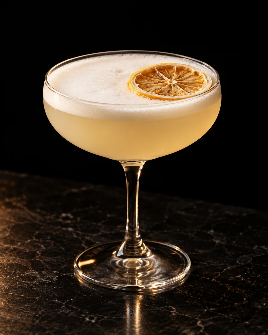 Kyoto Sour. Coupe served without ice, pale golden sour, white egg-white foam across surface and dehydrated lemon wheel.