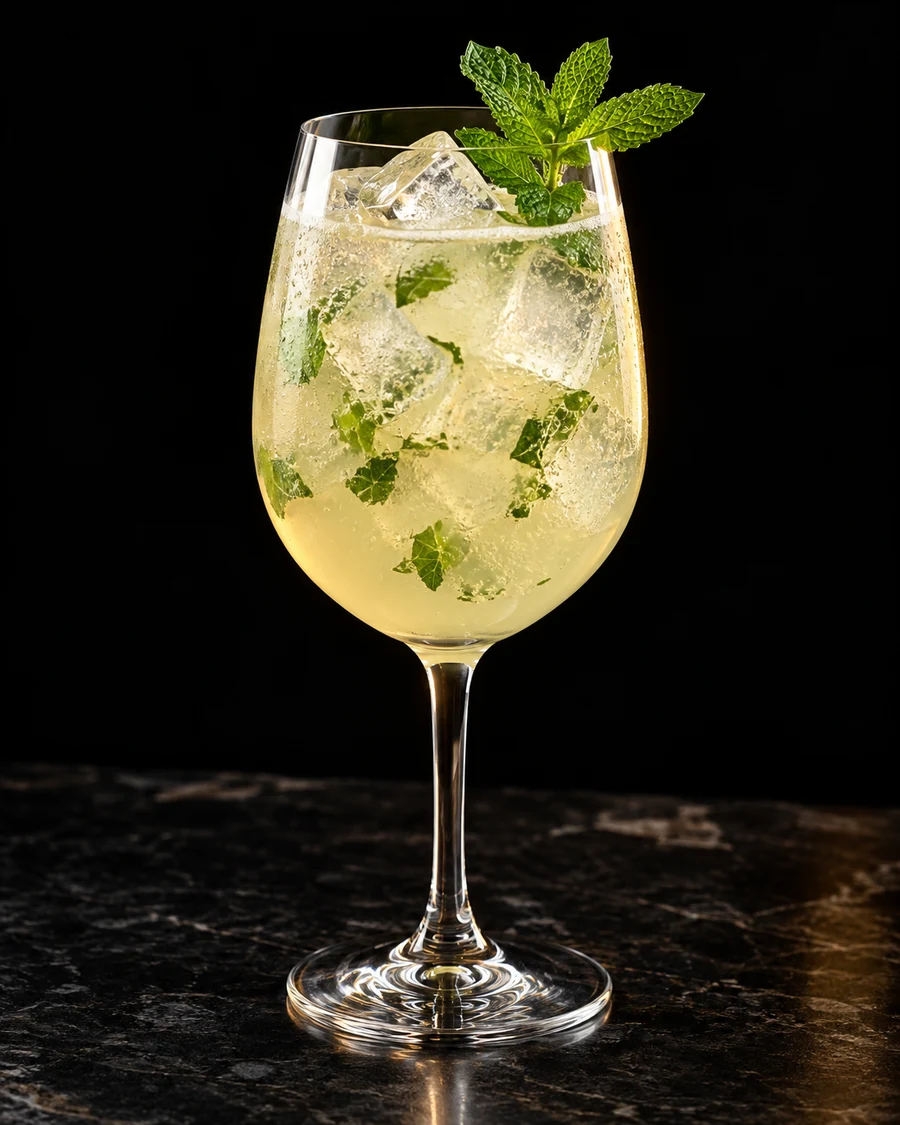 Kyoto Spritz. Wine glass with fresh cubed ice, pale yellow effervescent sake/yuzu drink, mint leaves inside and mint sprig garnish.