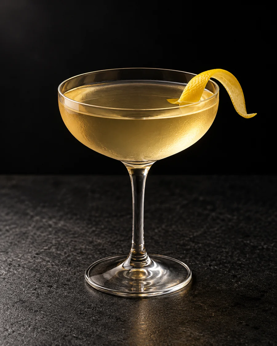 Clear pale golden La Perla in a coupe with lemon twist and no ice.