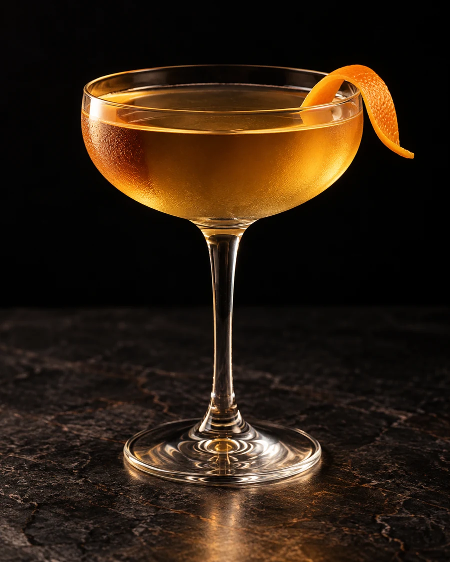 La Savane: Golden amber drink in a coupe, orange twist and no serving ice.