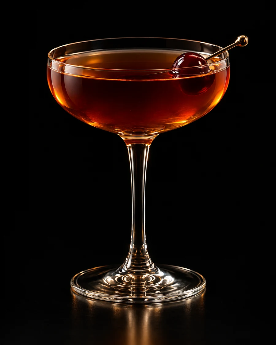 Lady Midnight: Deep amber-red cocktail in a clear coupe with a dark cherry on a cocktail pick, served without ice against a black background.
