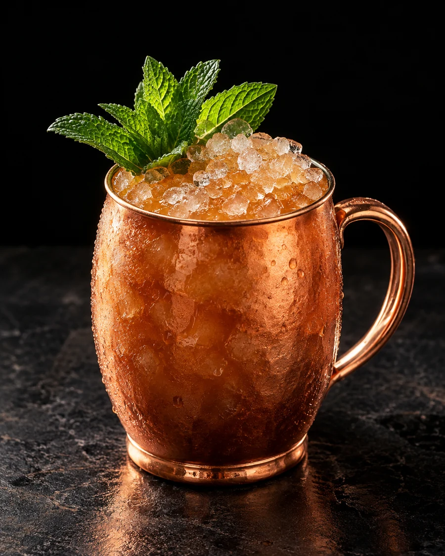 Lahaina Noon: Copper mug filled with amber drink and crushed ice, garnished with fresh mint sprigs.