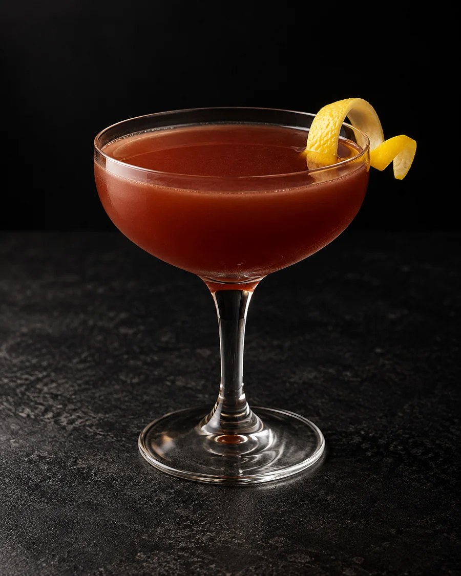 Opaque reddish-brown Lakeview Sour in a small coupe with lemon twist, no ice.