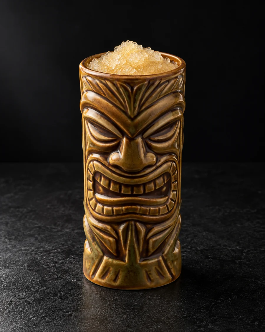 Pale amber slushy Land Ahoy in a food-safe ceramic tiki-style mug, no garnish.