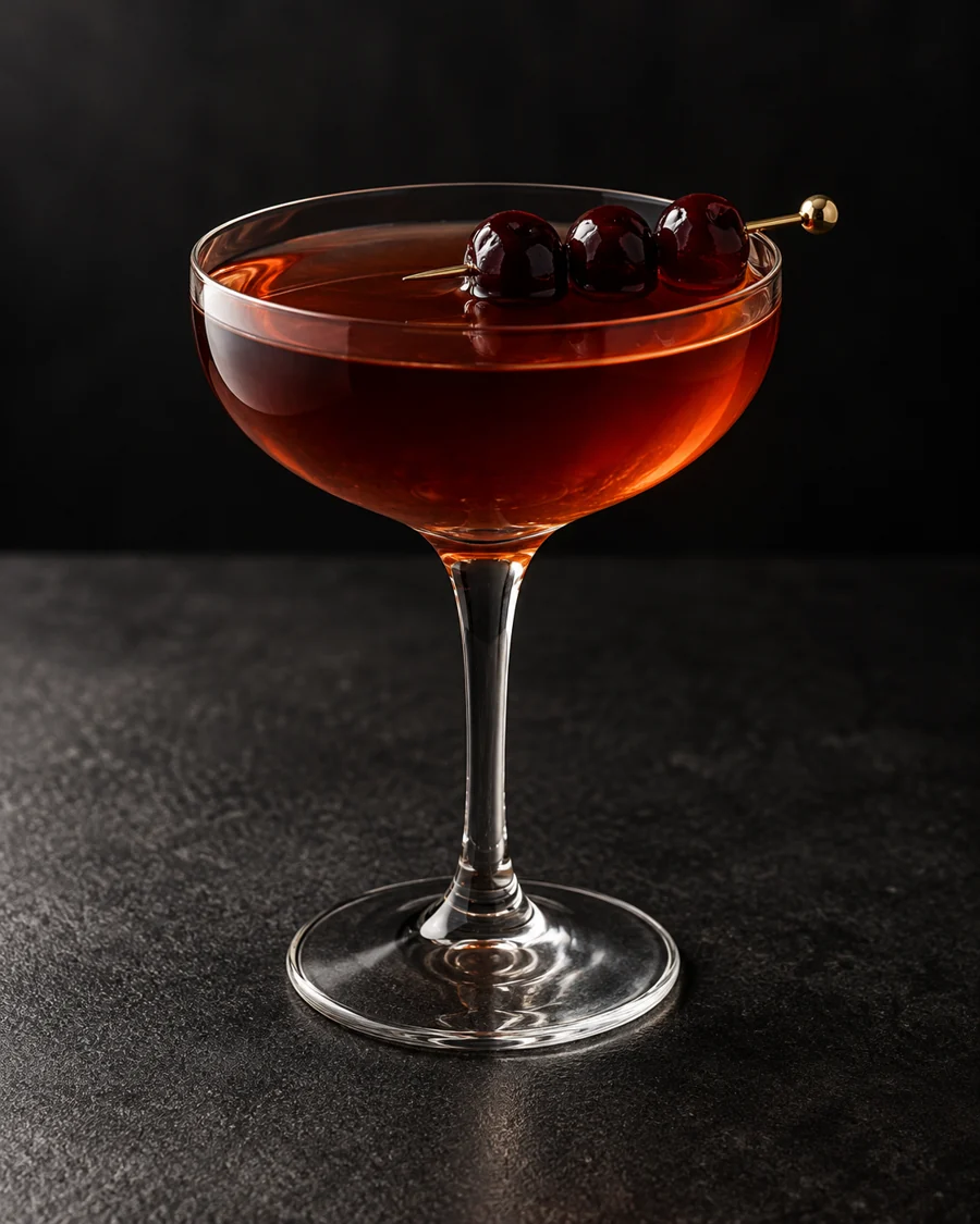 Clear dark amber-red Landscape Painting in a coupe with three cocktail cherries, no ice.