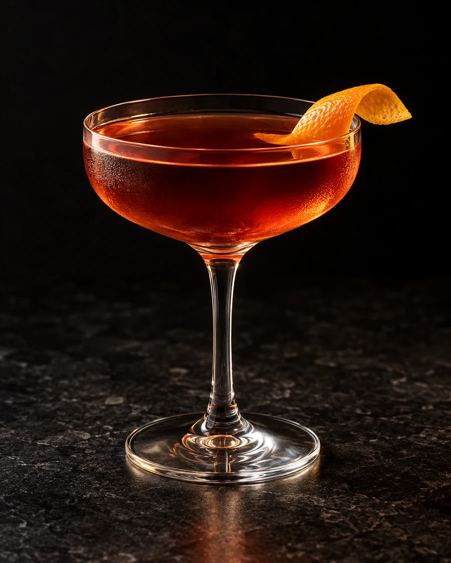 Language Is A Virus: Deep amber-red drink in a coupe, orange twist and no serving ice.