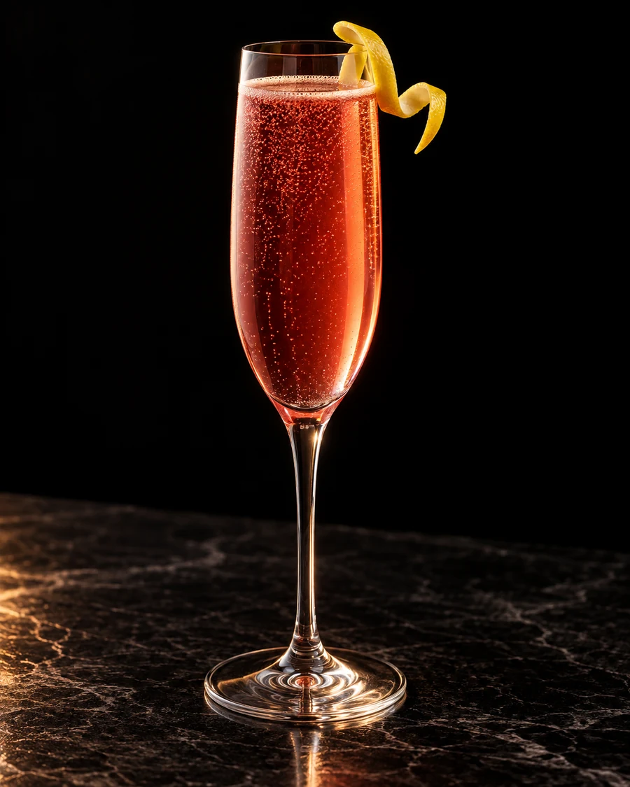 Le Toast Légendaire. Flute without serving ice, uniformly red-pink sparkling body, delicate effervescence and lemon twist.