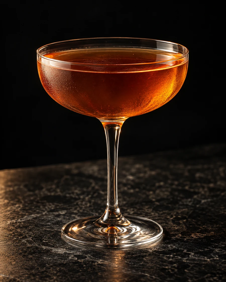 Leaf Fall: Amber-brown cocktail in coupe, no garnish or ice.