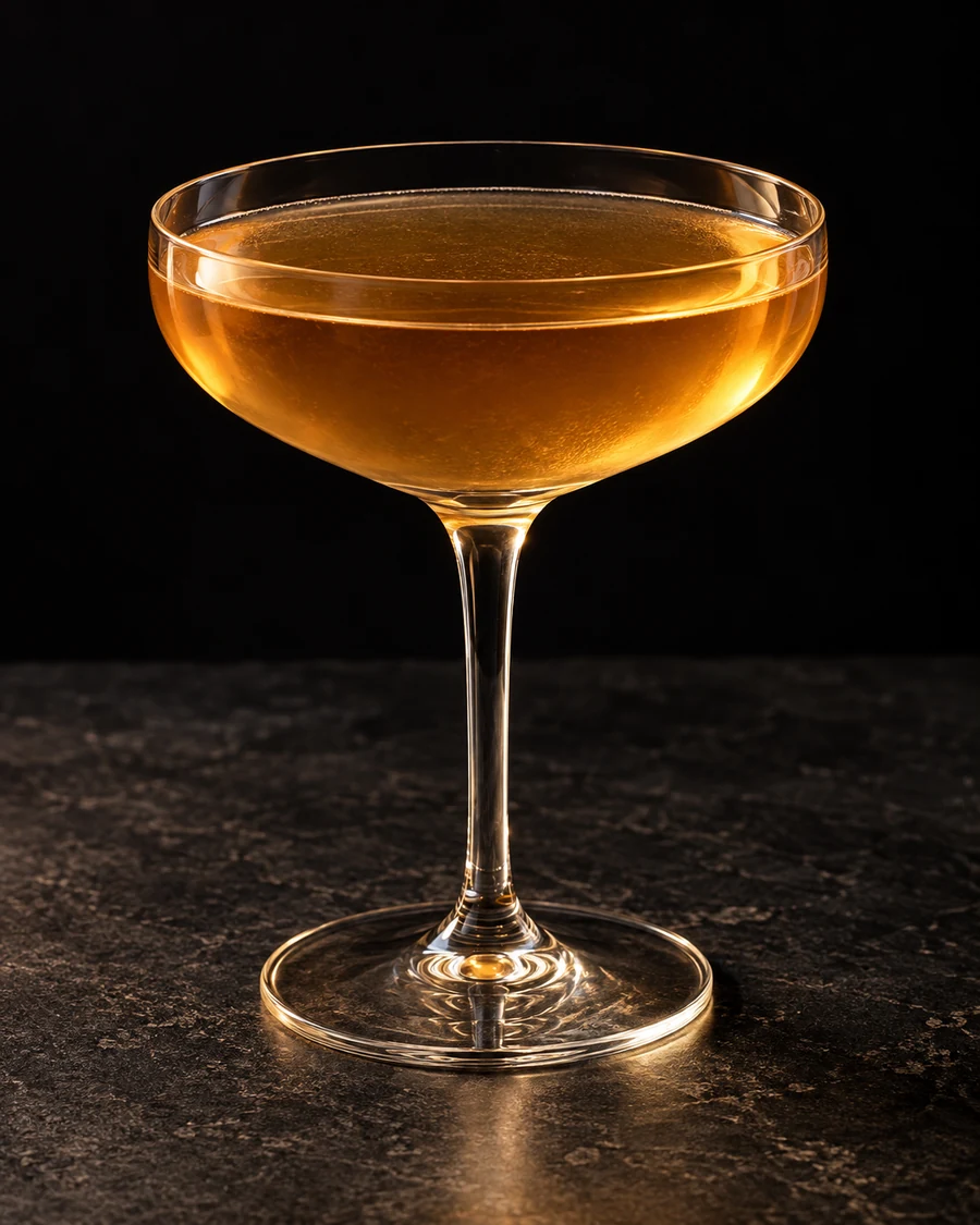 Leap Year in a coupe glass, without ice, ungarnished, against a black background.