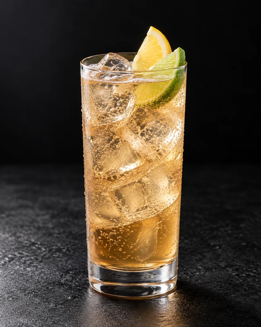 Pale amber Lemon Lime and Bitters in a highball with ice, lemon and lime wedges.