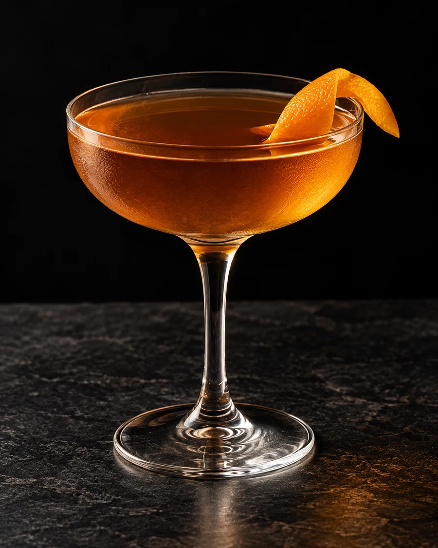 Letter To A Younger Self: Golden amber drink in a coupe, orange twist and no serving ice.