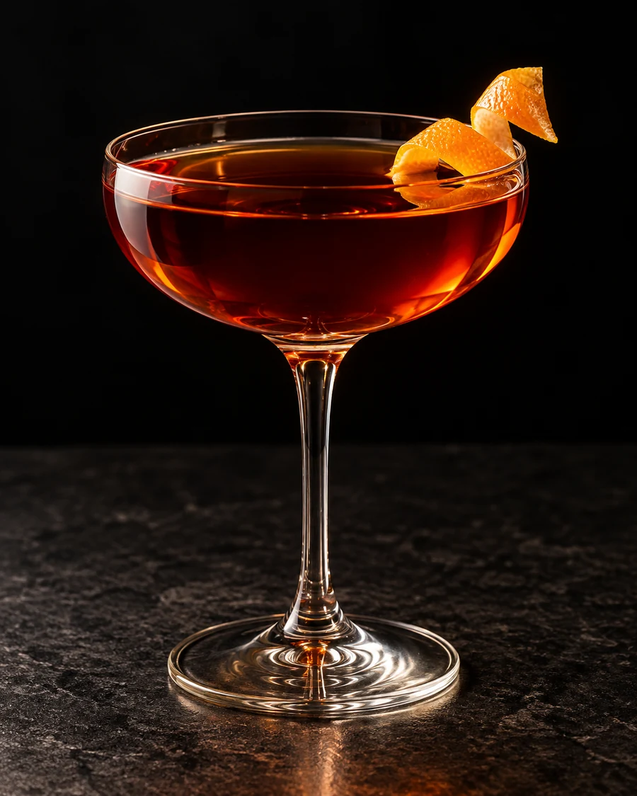 Liberal in a coupe glass, without ice, garnished with orange twist, against a black background.