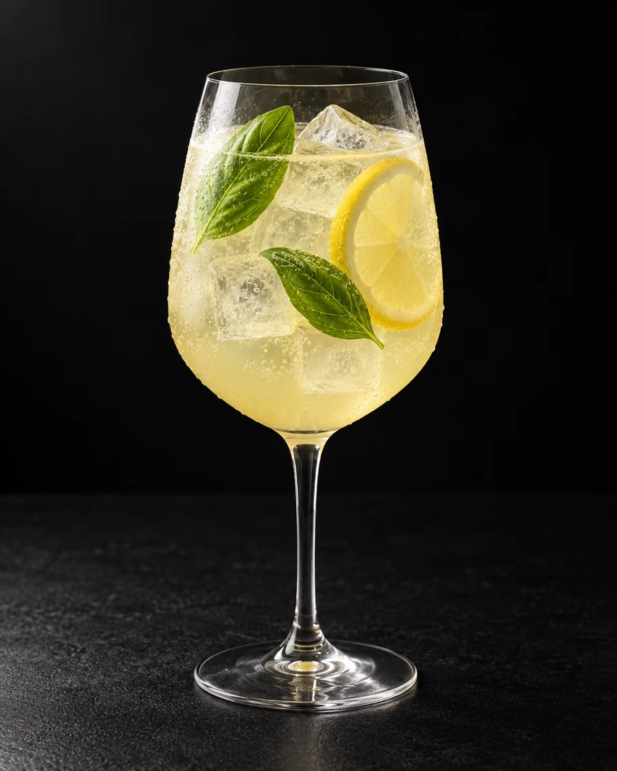 Pale yellow Limoncello Spritz in an ice-filled wine glass with a lemon slice and two basil leaves.