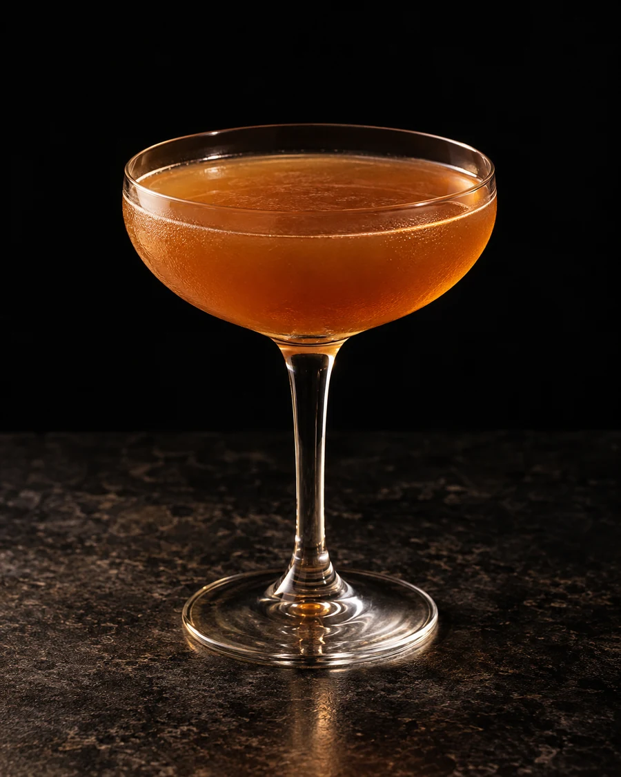Lion's Share: Amber-orange shaken drink in coupe, no garnish or ice.
