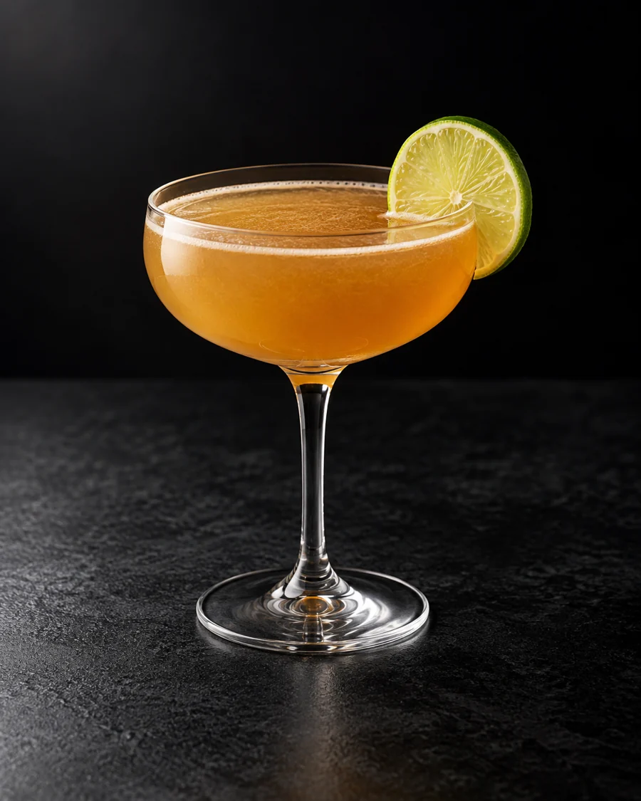 Cloudy amber-gold cocktail in a coupe, no ice, lime wheel.