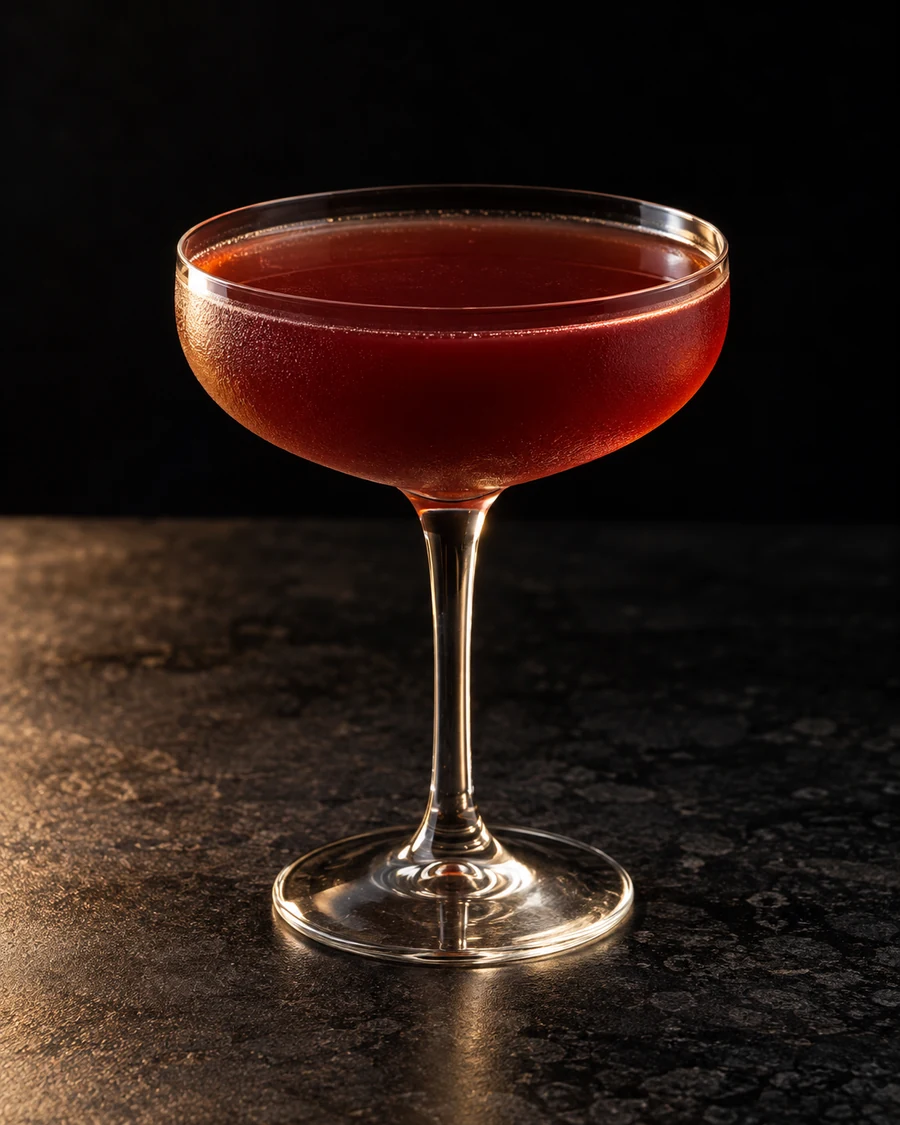 Lips Like Sugar: Russet-red drink in a coupe, no serving ice and no garnish.