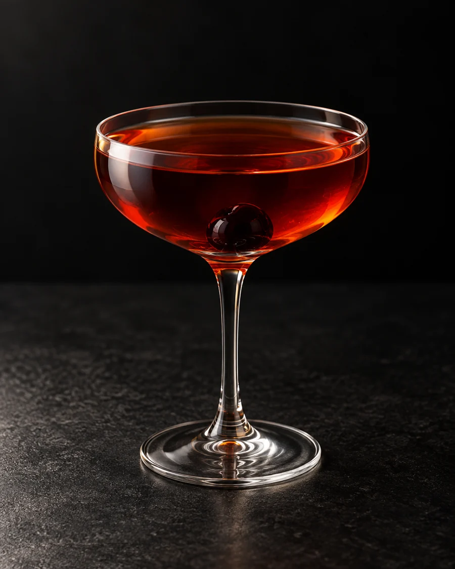 clear deep amber-red Little Italy in a coupe with one syrup-coated dark cherry, no ice.