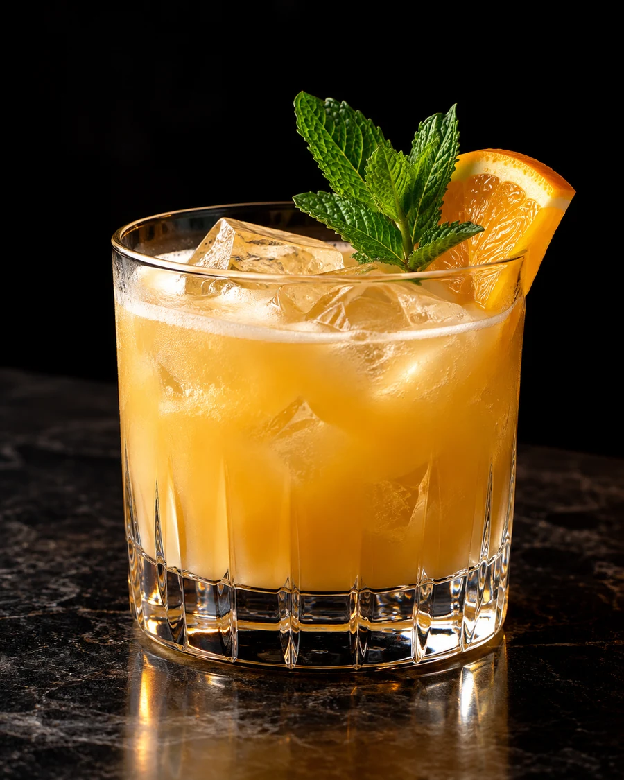 London Sour. Rocks glass with cubed ice, cloudy golden orange-orgeat body, mint sprig and orange slice.