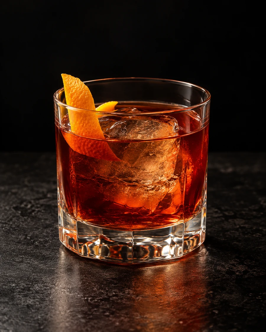 Lost In The Supermarket: Amber red stirred drink in rocks glass, one large cube and orange twist.
