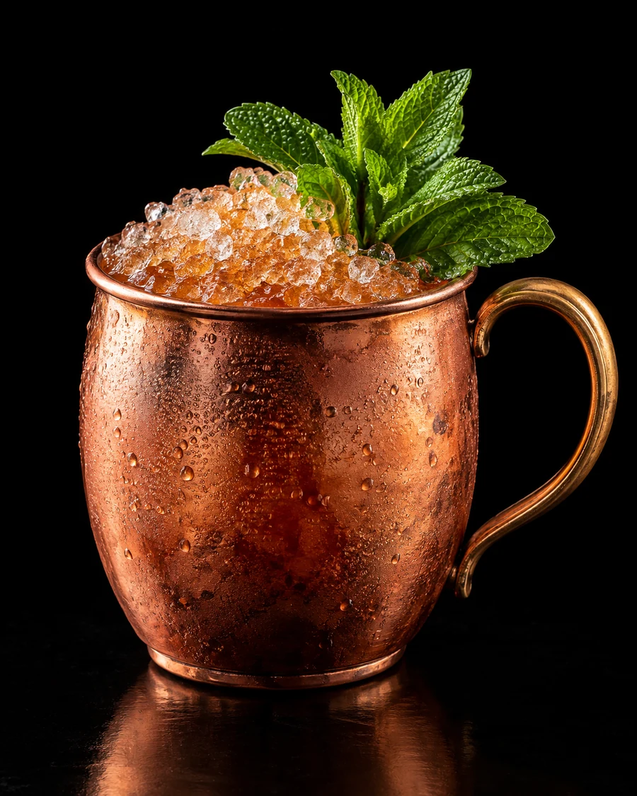 Lost U-Boat: Amber cocktail in a copper mug filled with crushed ice and topped with fresh mint sprigs against a black background.