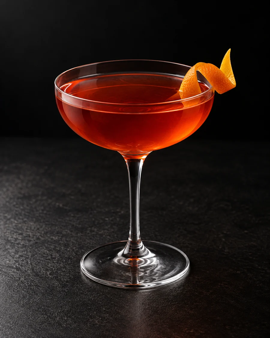 Clear red-orange Lucien Gaudin in a coupe with orange twist, no ice.