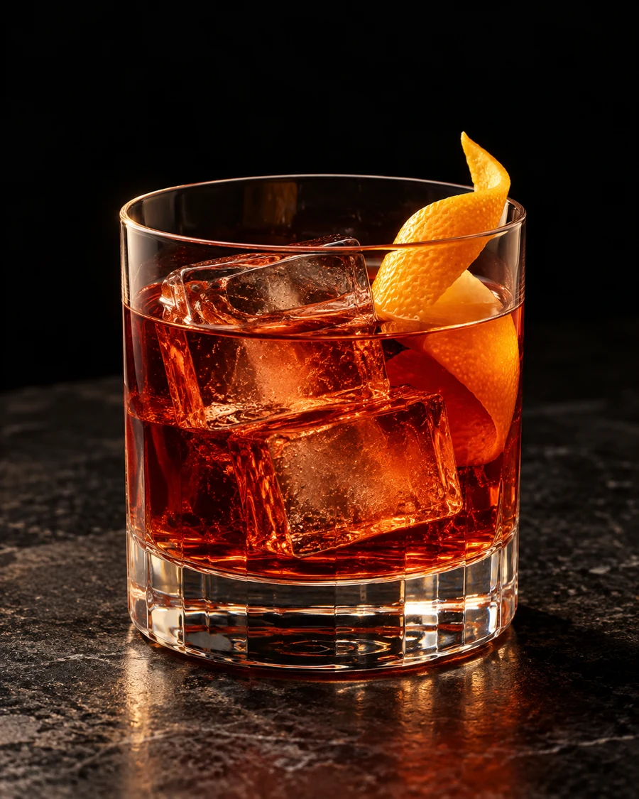 Lumberjack Negroni: ruby-amber cocktail in a straight-sided rocks glass with several clear ice cubes and a curled orange twist.