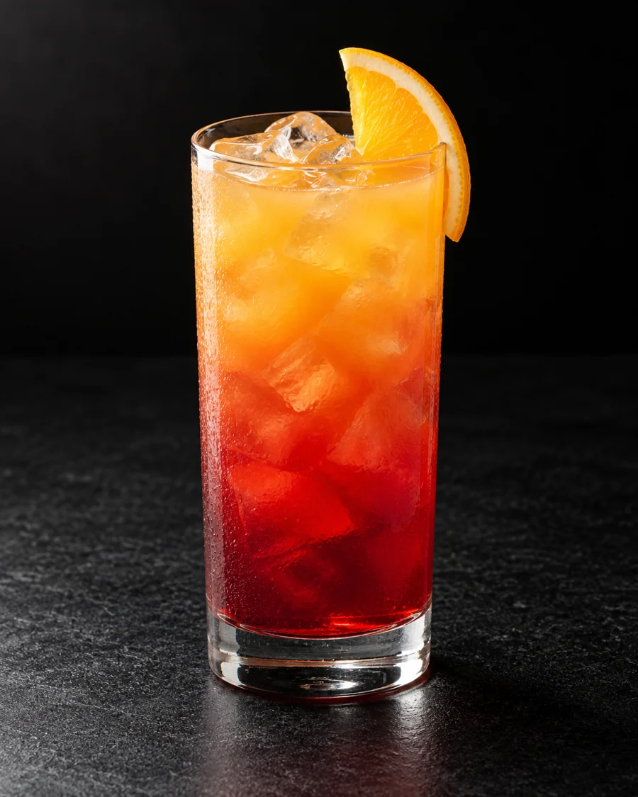 Red-orange Madras in an ice-filled highball with orange juice lighter near the top and an orange slice.