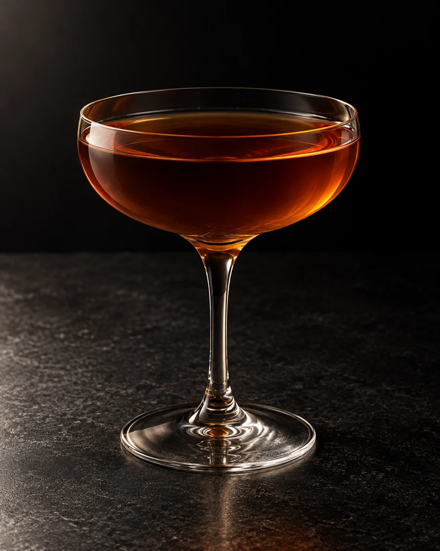 clear deep amber Mahogany in a coupe without ice or garnish.