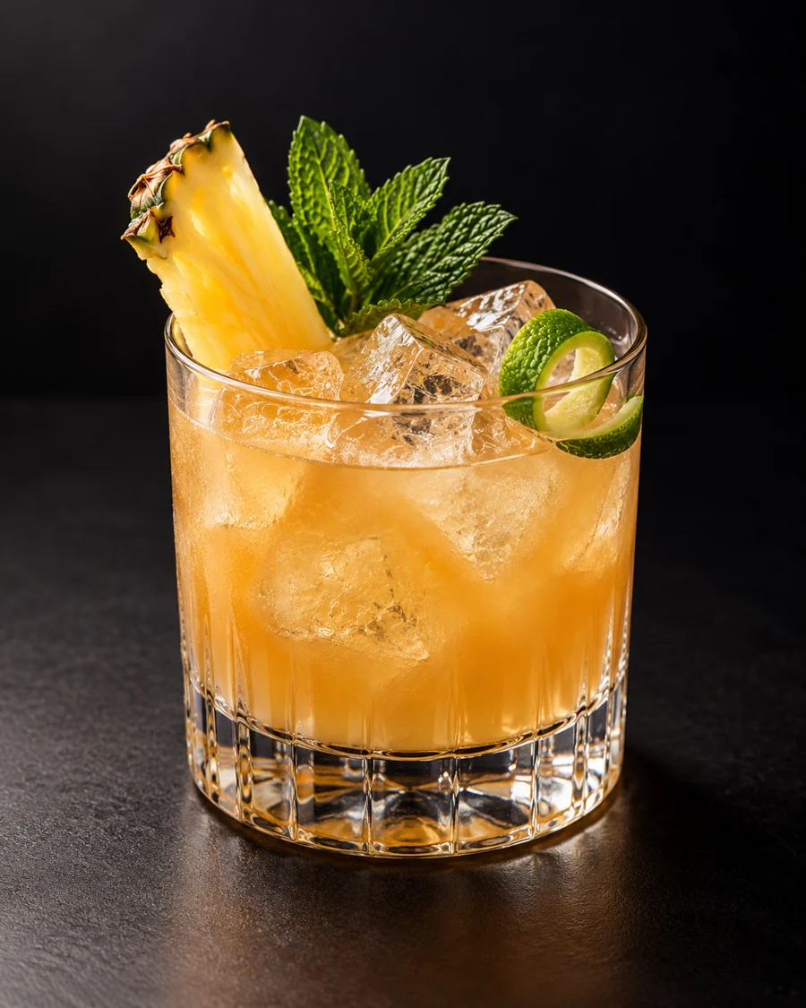 Mai-Tai served in a rocks glass with a pineapple spear, mint sprig and lime peel against a black background.