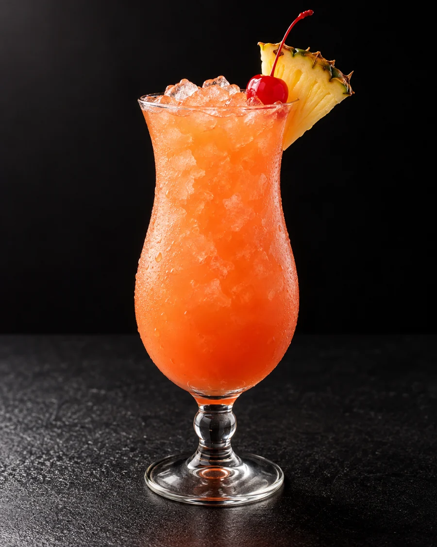 Coral-orange Malibu Bahama Mama over crushed ice in a hurricane glass with pineapple wedge and cocktail cherry.
