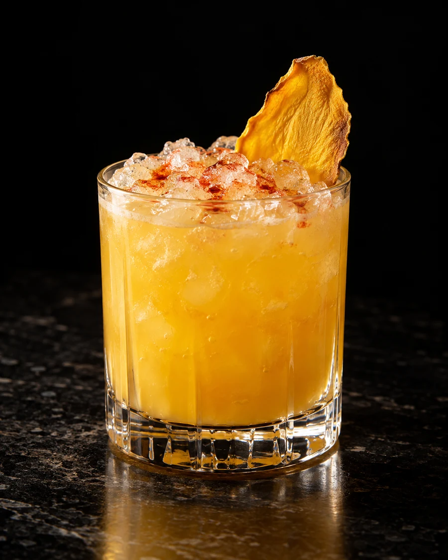 Mango Blossom. Rocks glass with crushed ice, golden body, dehydrated mango slice and red Peychaud's dots on surface.