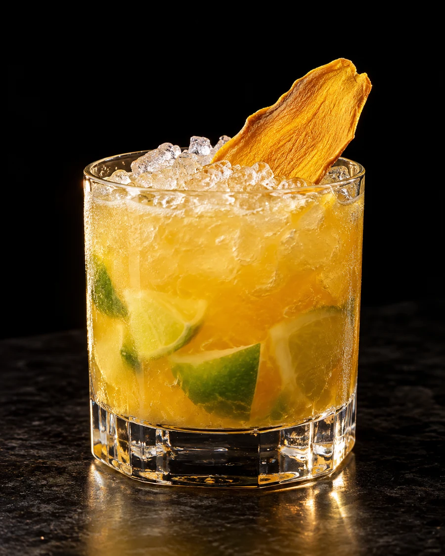 Mango Caipirinha. Rocks glass, crushed ice, golden mango body with muddled lime wedges inside, dehydrated mango garnish.