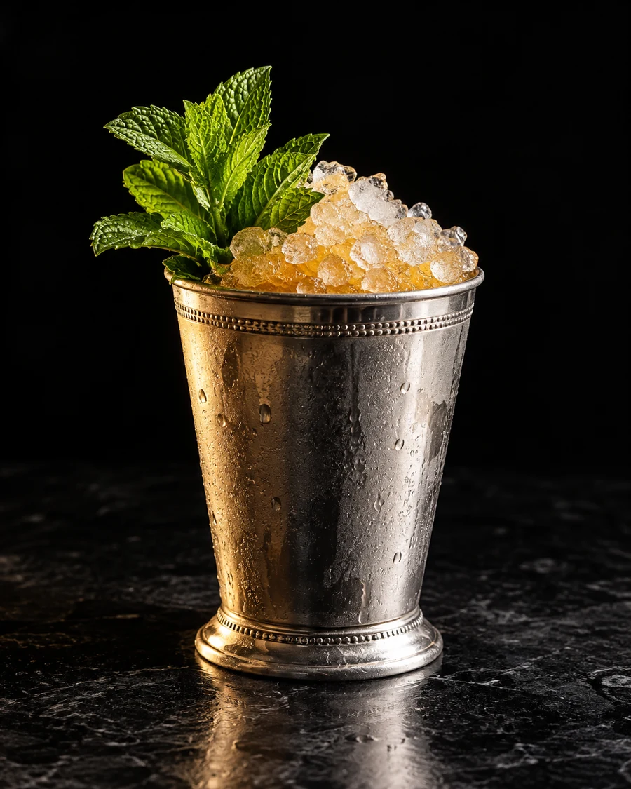 Mango Julep. Metal julep tin, fresh crushed ice and lush mint sprig; golden liquid glimpsed at top.