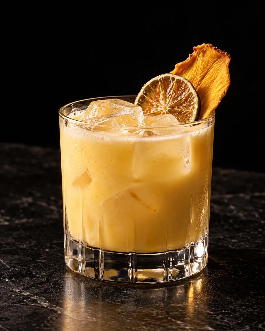 Mango Lassi Sour. Rocks glass with fresh cubed ice, opaque creamy pale mango-coconut body, dehydrated lime wheel and mango slice; light natural froth.