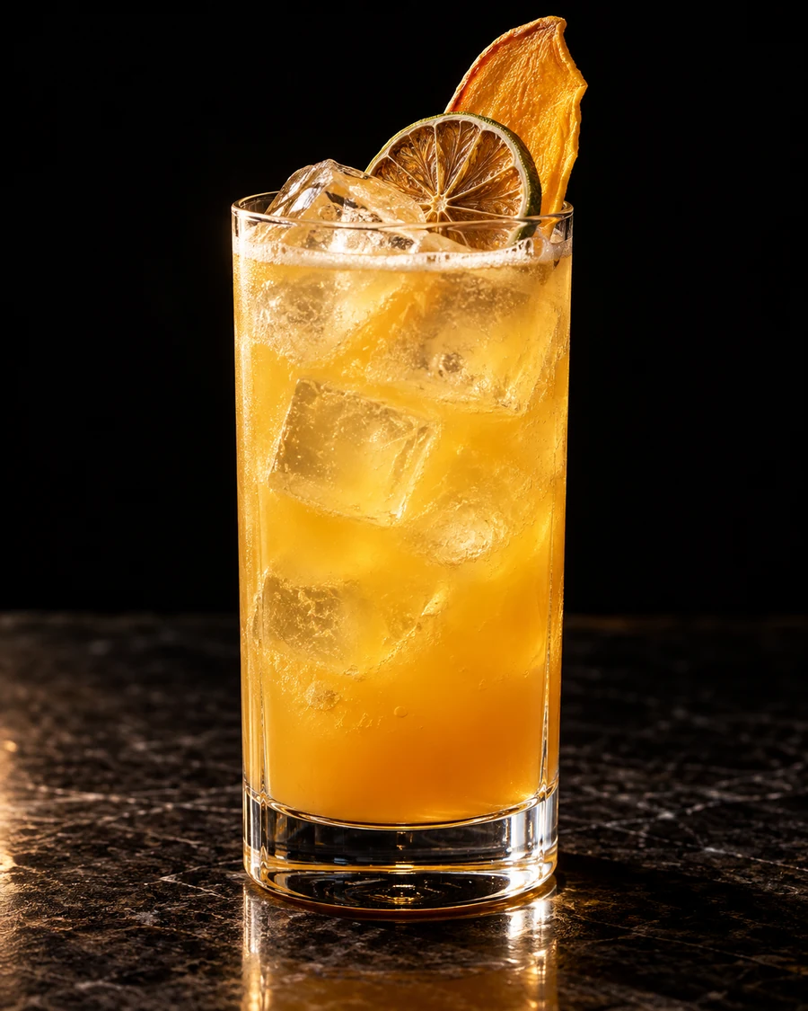 Mango Mezcal Mule. Highball, fresh cubed ice, golden mango body, dehydrated lime wheel and dehydrated mango slice.