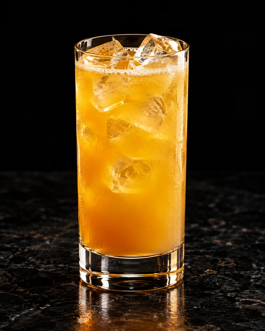 Mango Rum Punch. Highball, golden mango drink, cubed serving ice and no garnish.