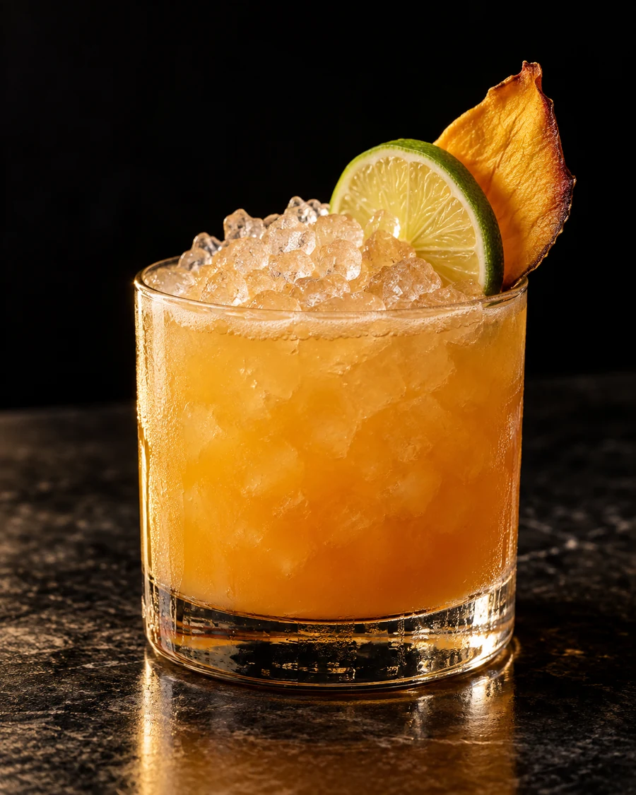 Mango Tango. Rocks glass, crushed ice, golden-orange body, lime wheel and dehydrated mango slice.