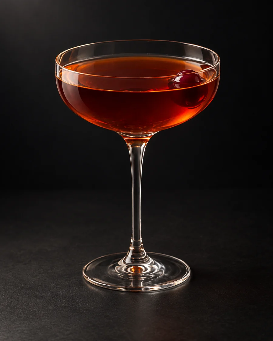Manhattan served in a coupe glass with a cocktail cherry against a black background.