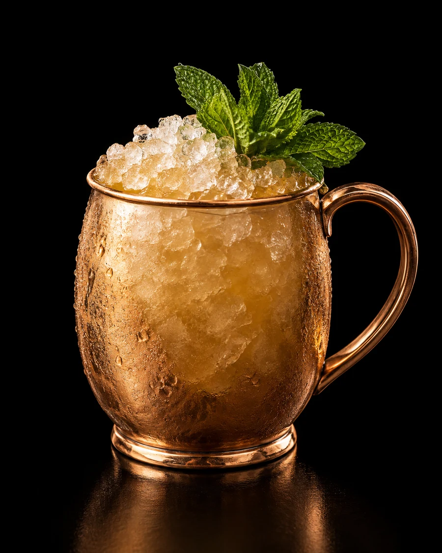 Manuia: Golden tropical cocktail in a metal mug filled with crushed ice and topped with mint sprigs against a black background.