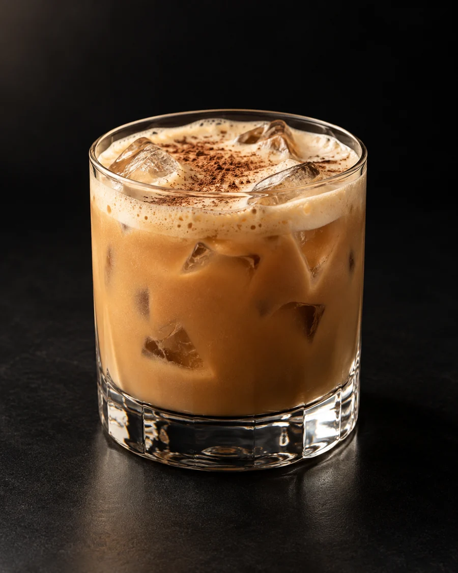 Maple Coffee Cream served in a rocks glass with a light dusting of cocoa against a black background.