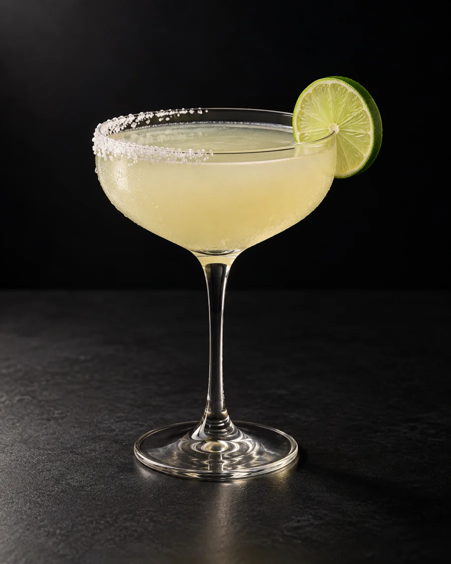 a pale lime Margarita in a coupe with a half-salted rim and lime wheel against a black background.