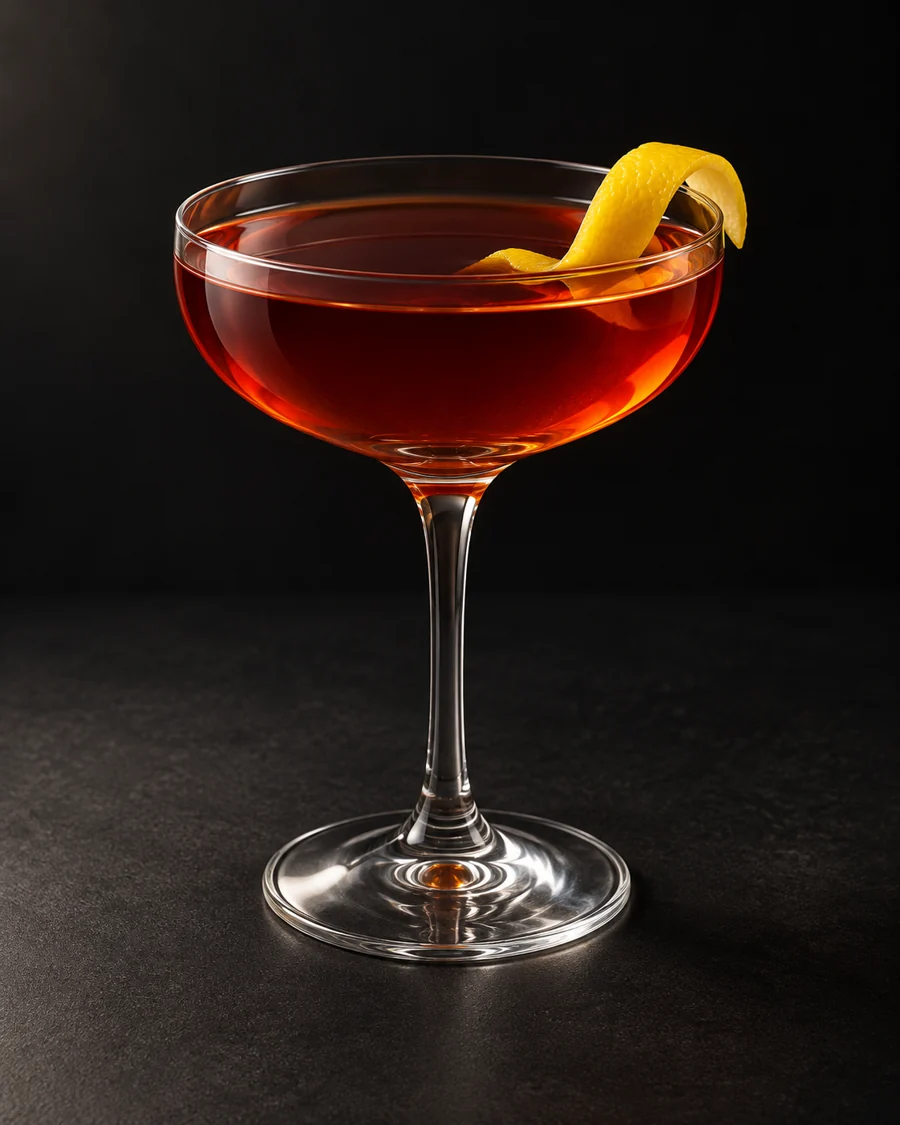 Martinez served in a coupe glass with a lemon twist against a black background.