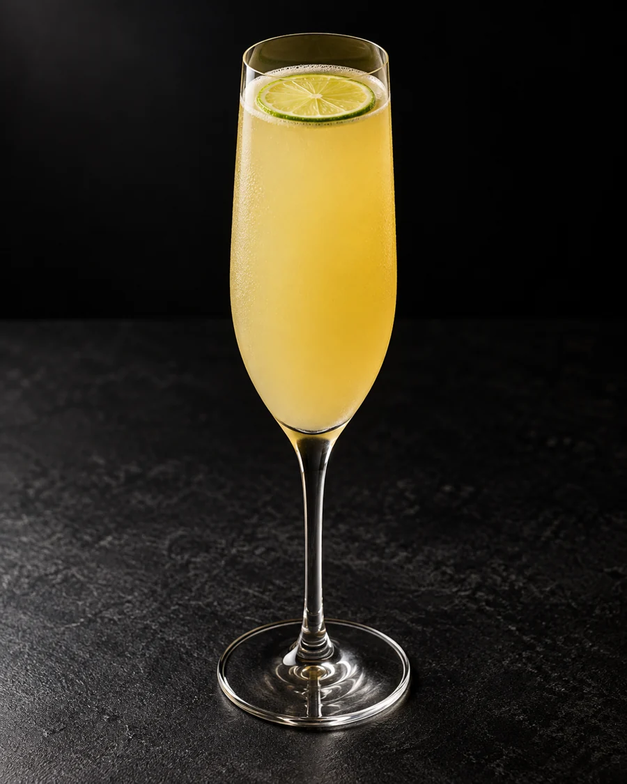 cloudy pale yellow Matador in a flute without ice, with a thin lime disc.