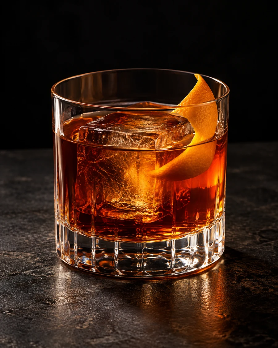 Mayan Mountain Mystic: Amber cocktail in a faceted rocks glass over one large ice cube with an orange twist.