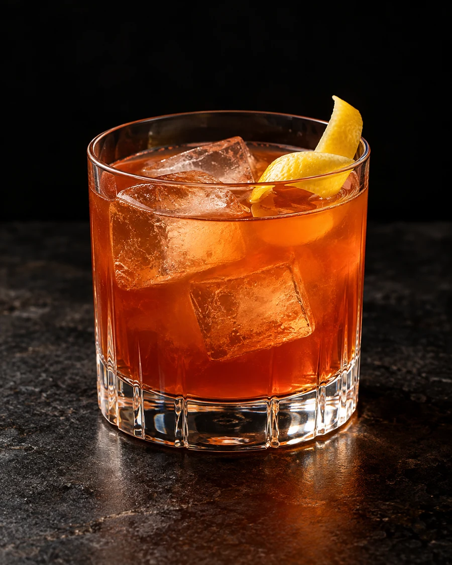Mayor Joe: Amber-orange cocktail in a rocks glass with fresh ice cubes and a lemon twist.