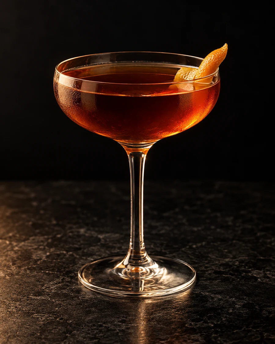 Metal Urbain: deep amber cocktail in a chilled stemmed coupe, served without ice with an orange twist at the rim.